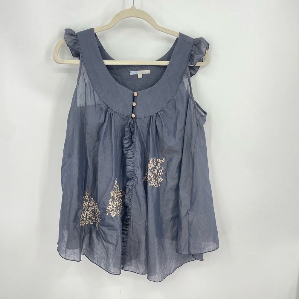 Cecieo blue ruffle tank top floral embroidered blouse size S